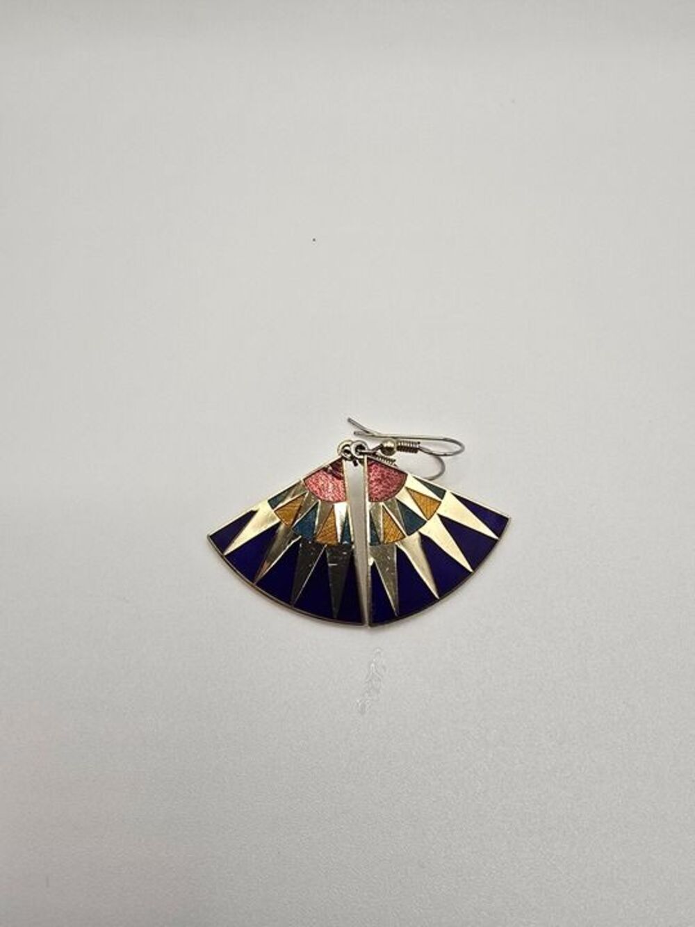 Vintage 1980s Cloisonne Enamel Fan Earrings Gold Tone Geometric Dangle